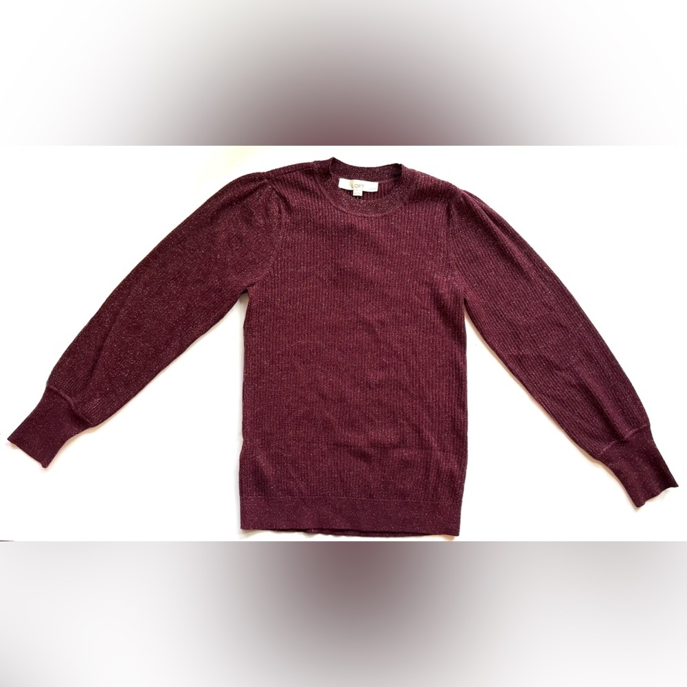 NWT LOFT Puff Sleeve Shimmer Sweater Maroon Size M Petite - Picture 1 of 8